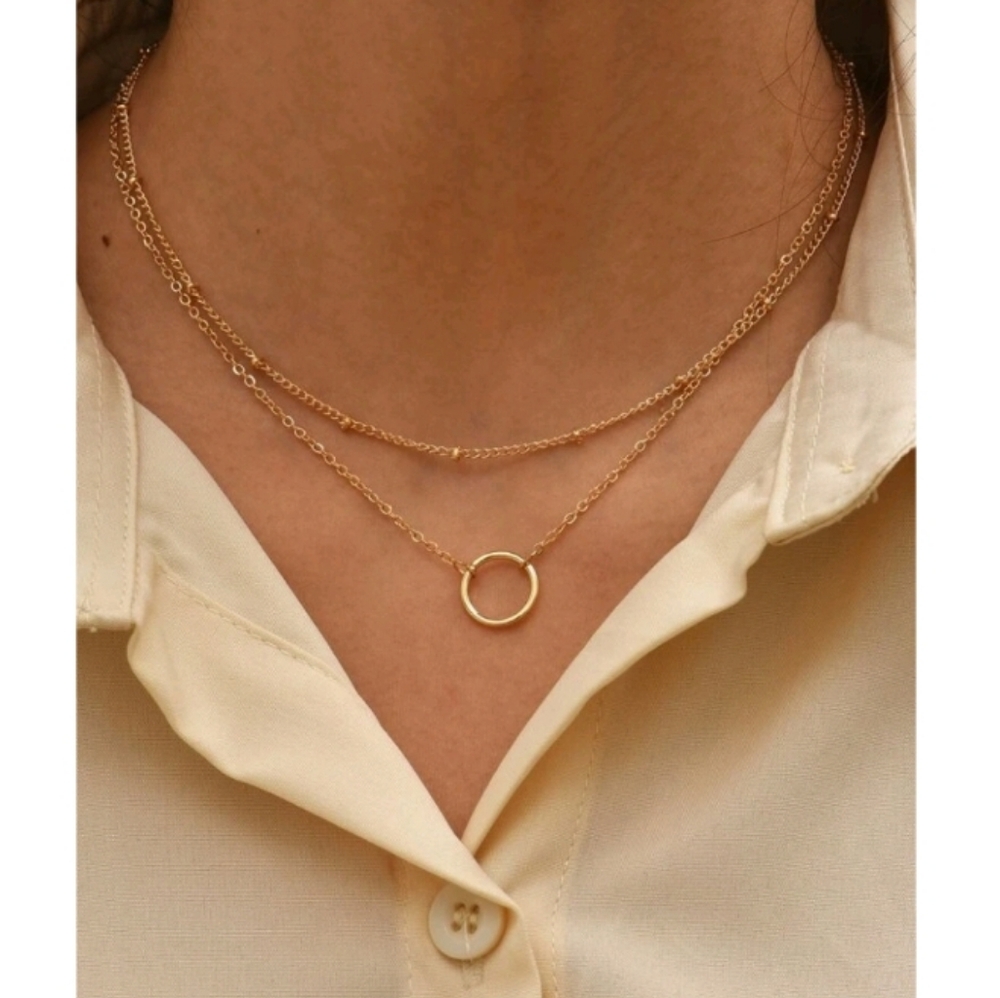 NEW! Anthropologie Trendy Minimalist Layered Open Circle& Beaded Gold Necklace
